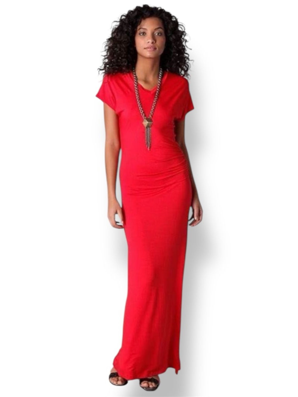 LNA Kaftan Short Sleeve V-neck Asymmetrical Ruched Jersey Maxi Dress Size  M